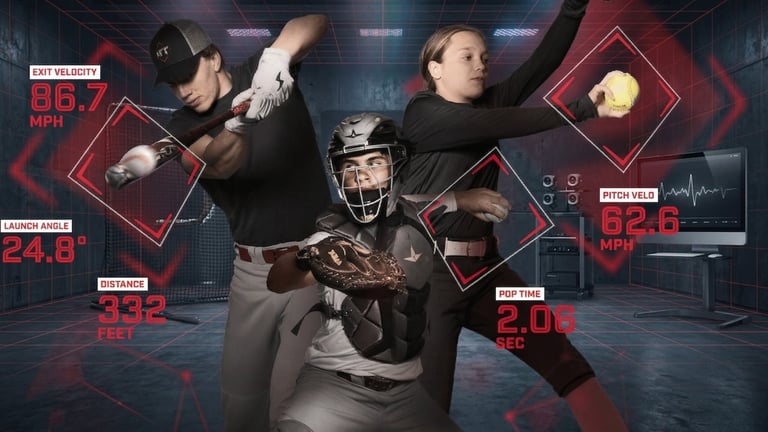 Three baseball players in action with red data overlays and performance metrics displayed on a dark blue background