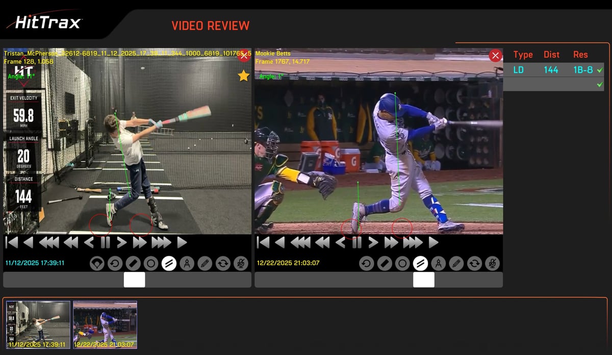 HitTrax baseball swing analysis software showing video review of two baseball batting clips with swing metrics and data overlay