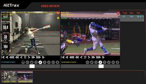 HitTrax baseball swing analysis software showing video review of two baseball batting clips with swing metrics and data overlay